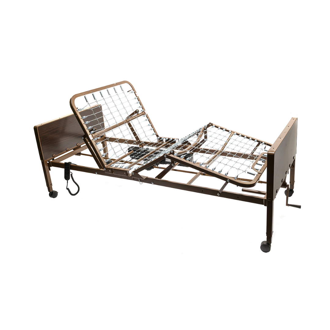 The Proactive Protekt Akra-FE™ Bariatric Semi-Electric Bed features a heavy-duty steel frame, wire mesh surface, brown head/footboards, wheels, and a black hand control for easy bed position adjustments.